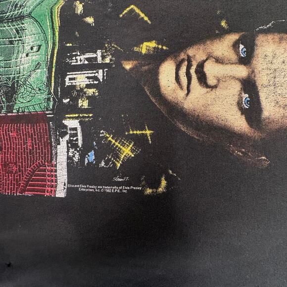 Vintage 90’s Distressed Test Print Elvis/George Jones Black Graphic Band Tee XL - Picture 7 of 8
